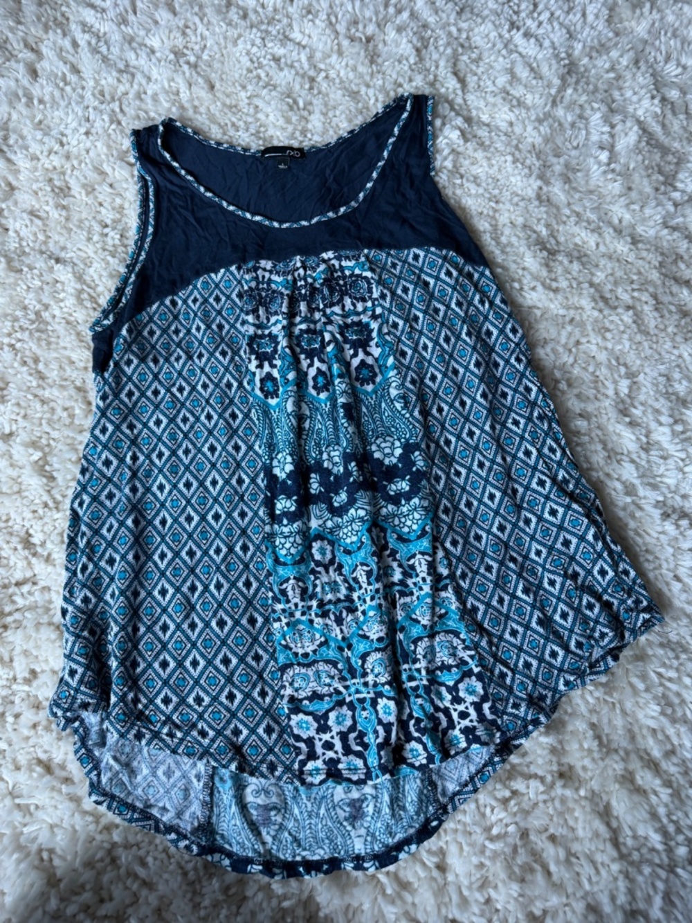 Sleeveless RXB Navy and Teal Mixed-Print Sleeveless spring summer flowy Tank top - Picture 2 of 4